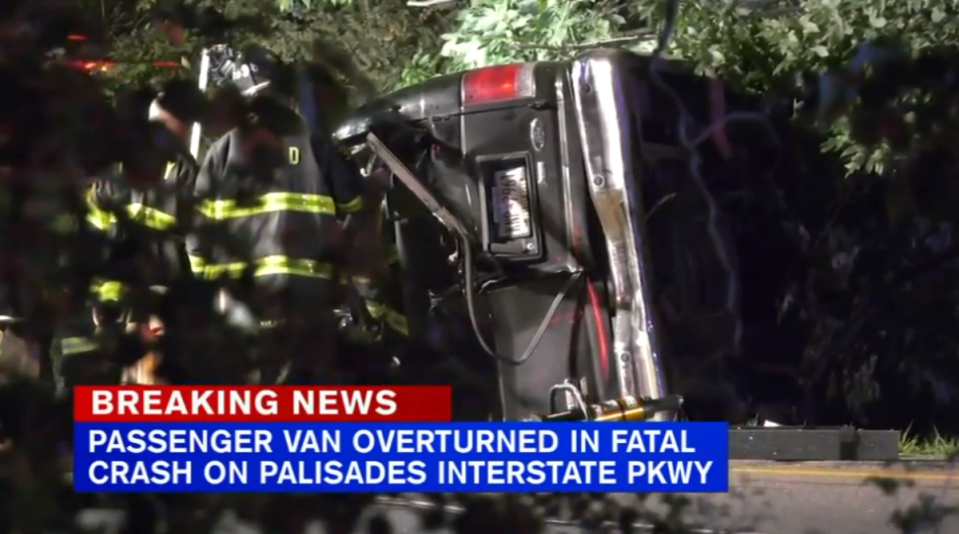 An early morning crash on the Palisades Interstate Parkway in Englewood Cliffs, New Jersey left at least four people dead and eight injured when a passenger van flipped and landed in the center median (ABC 7 New York/video screengrab)