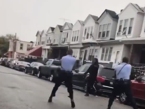 Walter Wallace Jr approaches two Philadelphia police officers with a knife in his hand. The officers shot 14 rounds at Mr Wallace and killed him. Mr Wallace’s family said he had mental health issues.Twitter