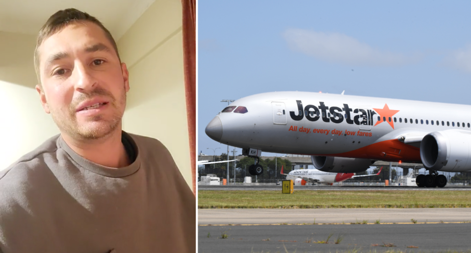 Left image of Douglas Lazickirk talking to camera in his TikTok video. He has short, brown hair and brown eyes. Right image is of the front half of a Jetstar plane on a tarmac.