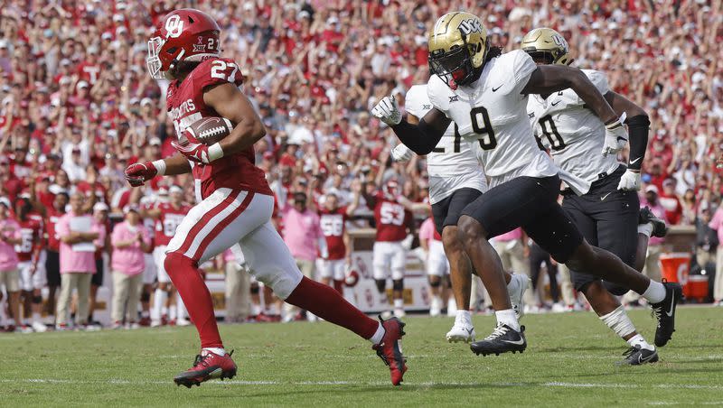 Oklahoma running back Gavin Sawchuk rushes for a TD against UCF during game, Saturday, Oct. 21, 2023, in Norman, Okla. The Big 12 boasts some of the best running backs in the country, as the Cougars have learned.
