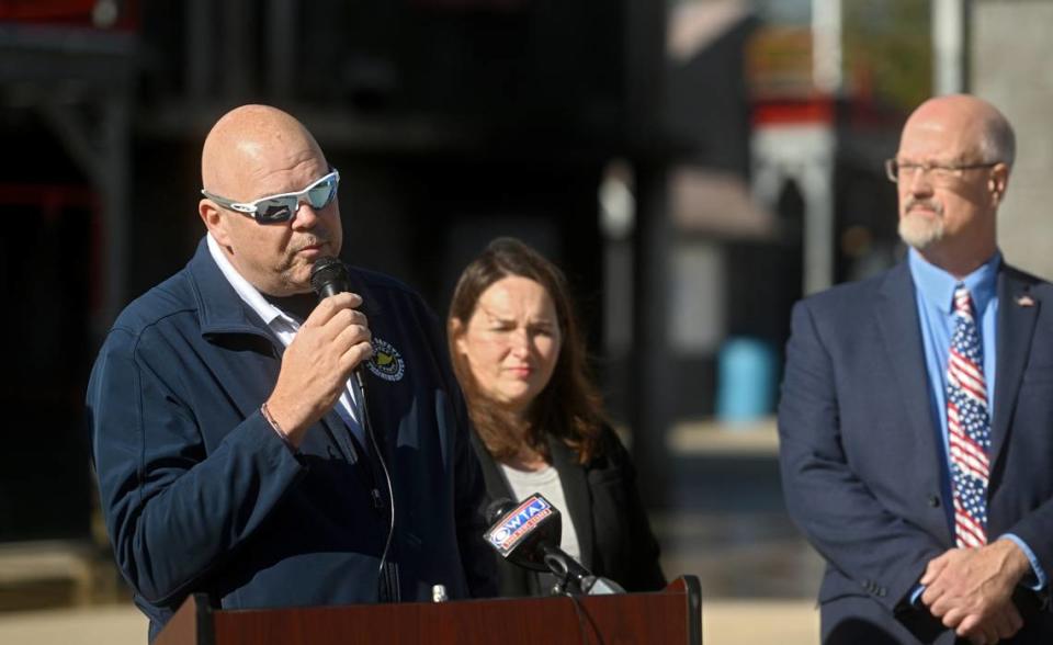 Centre County Public Safety Training Center coordinator Mike Keller talks about plans to build a new classroom building at the center while surrounded by Centre County Commissioners on Wednesday, Oct. 11, 2023.