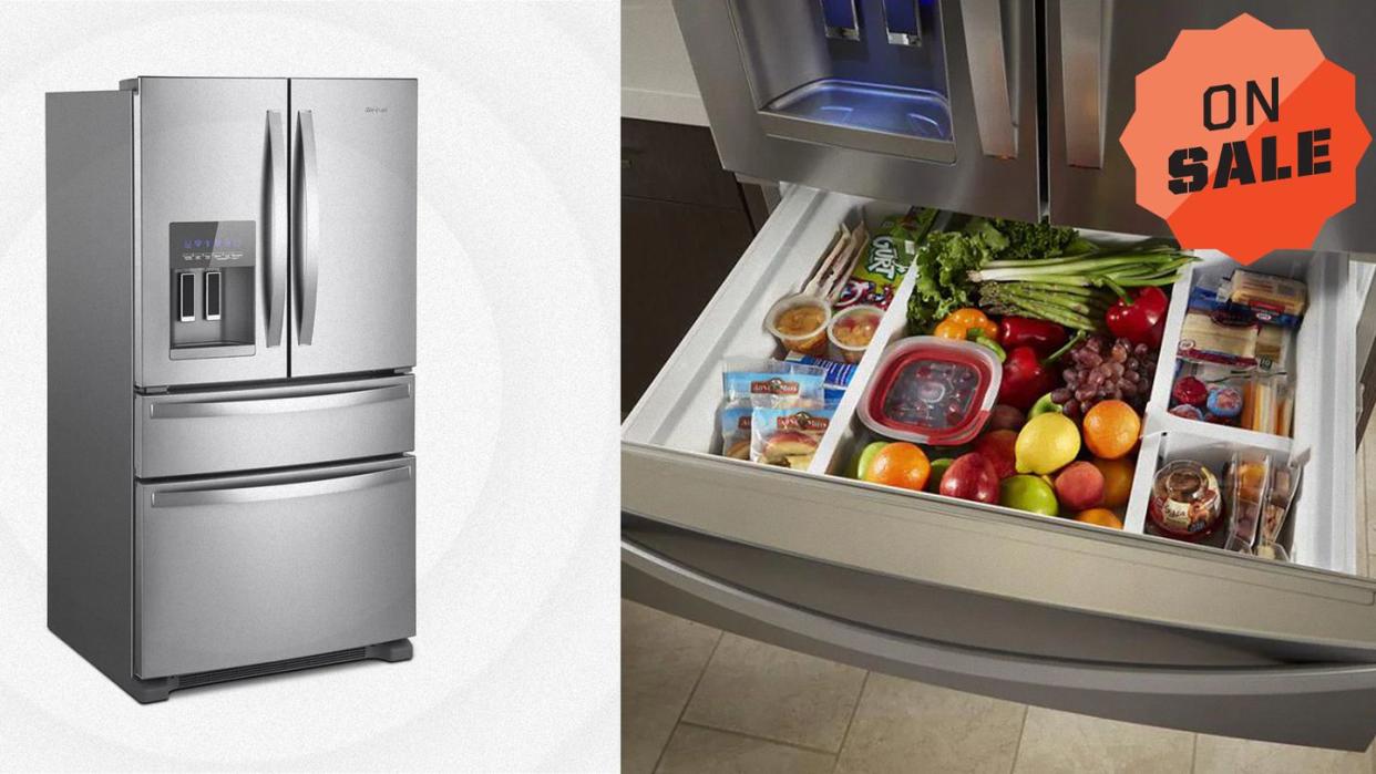 a refrigerator with a display of food