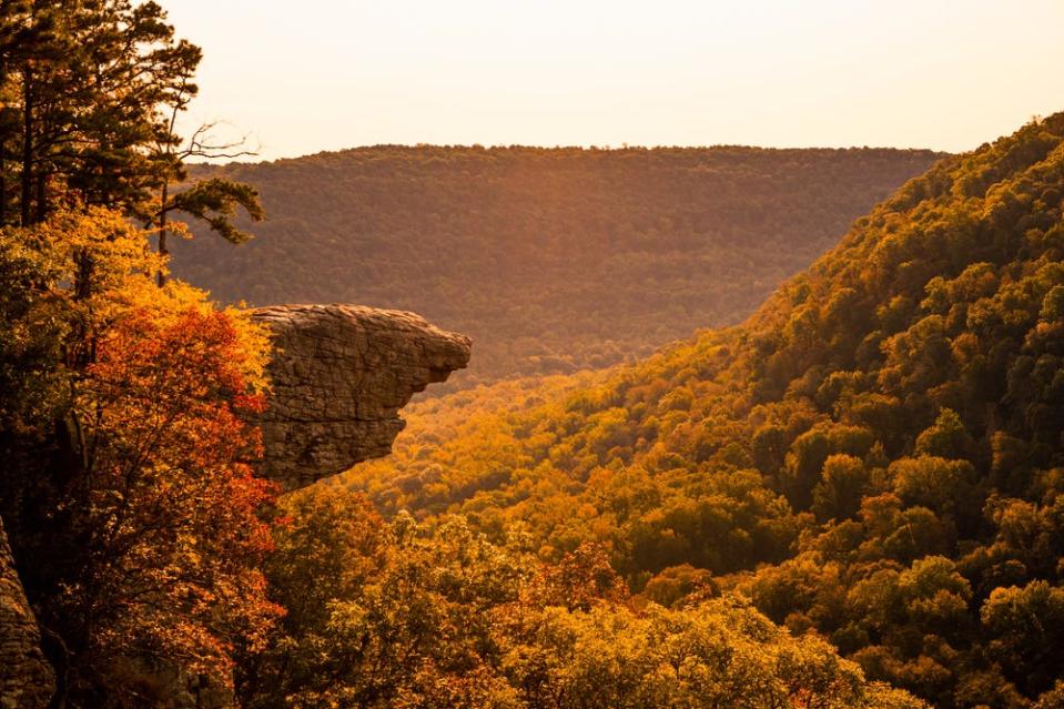 The sun rises over Whitaker Point, known as Hawksbill Crag, in Arkansas as the fall colors begin to set in on the trees