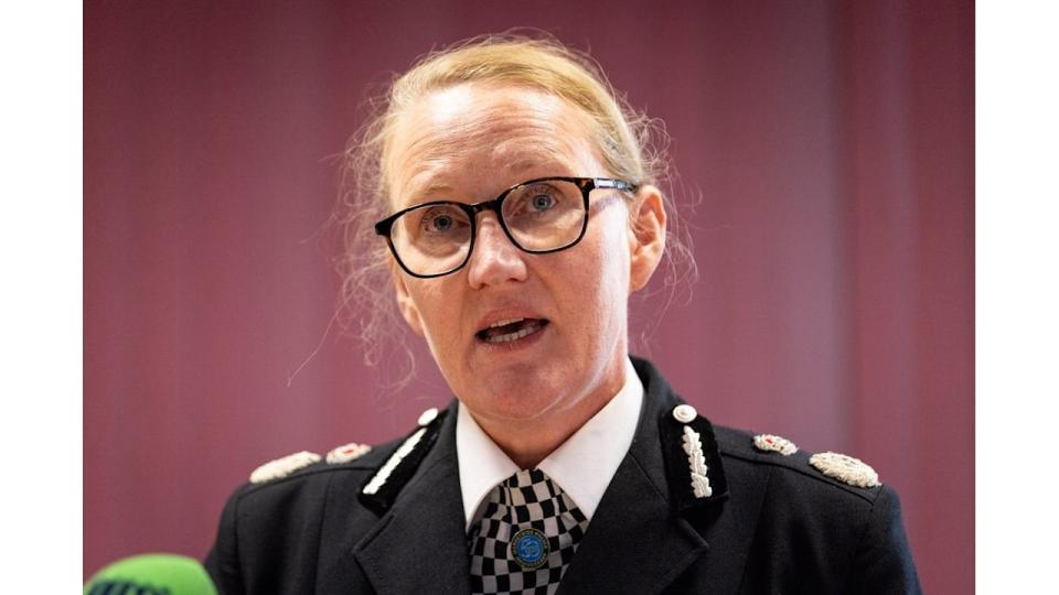 Merseyside Police Chief Constable Serena Kennedy speaking to the media at Southport Community Fire Centre