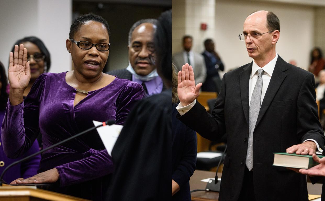 Newly elected judges Rosalyn Hood and Robby Hicks were sworn in last week at the Cumberland County Courthouse.