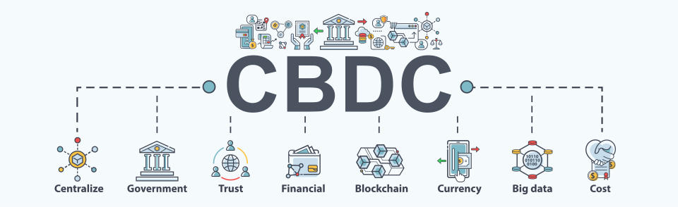 CBDC Central Bank Digital Currency banner web icon for financial and digital payment, government, centralize, trust, money and blockchain. Minimal modern vector infographic.