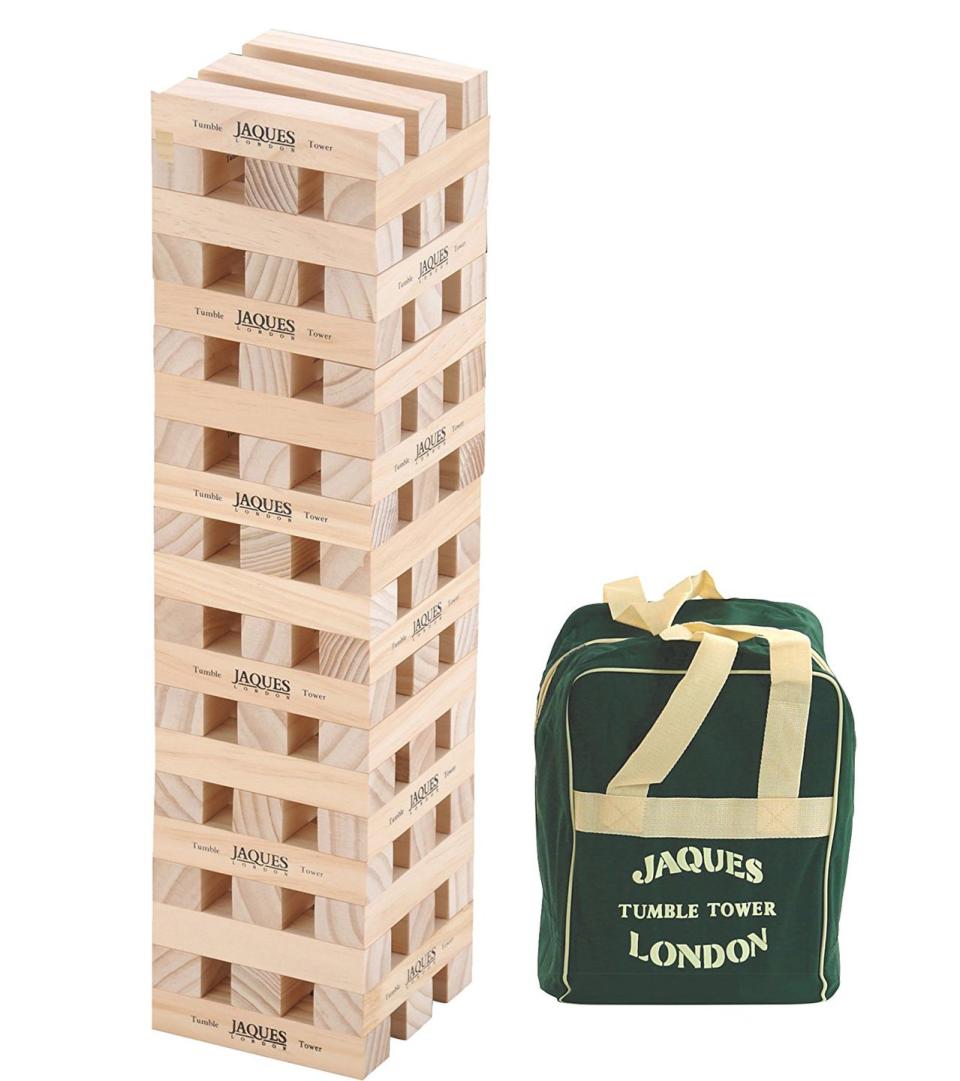 <p>Reaching over 3ft tall during play, this giant Jenga game will guarantee endless competitive fun.</p><p><strong>Giant Tumble TowerBY Jaques of London, £</strong><strong>32.91, Amazon</strong></p><p><a rel="nofollow noopener" href="https://www.amazon.co.uk/Jaques-London-Giant-Tumble-Tower/dp/B001KNH2MU/" target="_blank" data-ylk="slk:BUY NOW;elm:context_link;itc:0;sec:content-canvas" class="link ">BUY NOW</a></p>