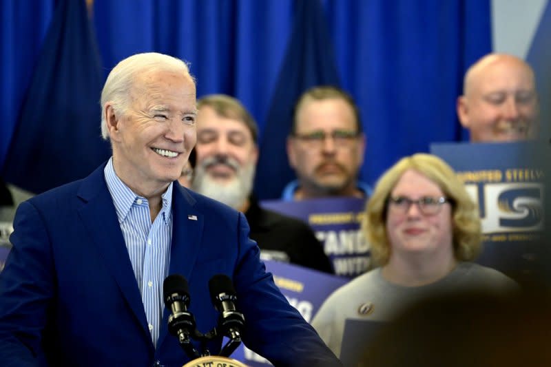 President Joe Biden speaks at the United Steel Workers Headquarters in Pittsburgh, Pa., as part of a three-day trip across Pennsylvania on Wednesday. Photo by Archie Carpenter/UPI.