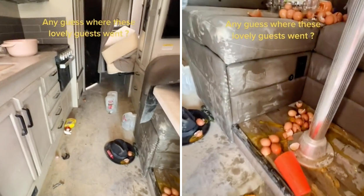 Side-by-side images of a couple's trashed motorhome after Burning Man.