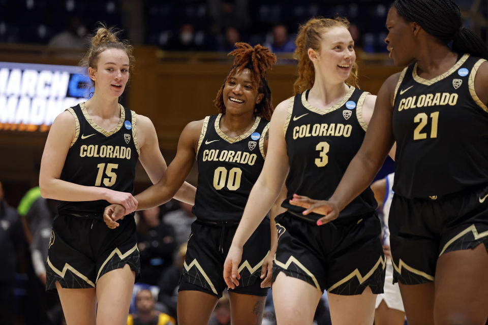 Colorado's Kindyll Wetta (15), Jaylyn Sherrod (00), Frida Formann (3) and Aaronette Vonleh (21) react during overtime of a second-round college basketball game in the NCAA Tournament, Monday, March 20, 2023, in Durham, N.C. (AP Photo/Karl B. DeBlaker)