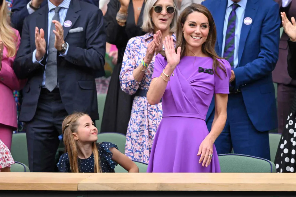 <p>Karwai Tang/WireImage</p> Princess Charlotte and Kate Middleton attend Wimbledon July 14, 2024