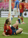 Spanish midfielder Andres Iniesta reacts during the Euro 2012 championships football match Spain vs Italy on June 10, 2012 at the Gdansk Arena. AFP PHOTO / PIERRE-PHILIPPE MARCOUPIERRE-PHILIPPE MARCOU/AFP/GettyImages