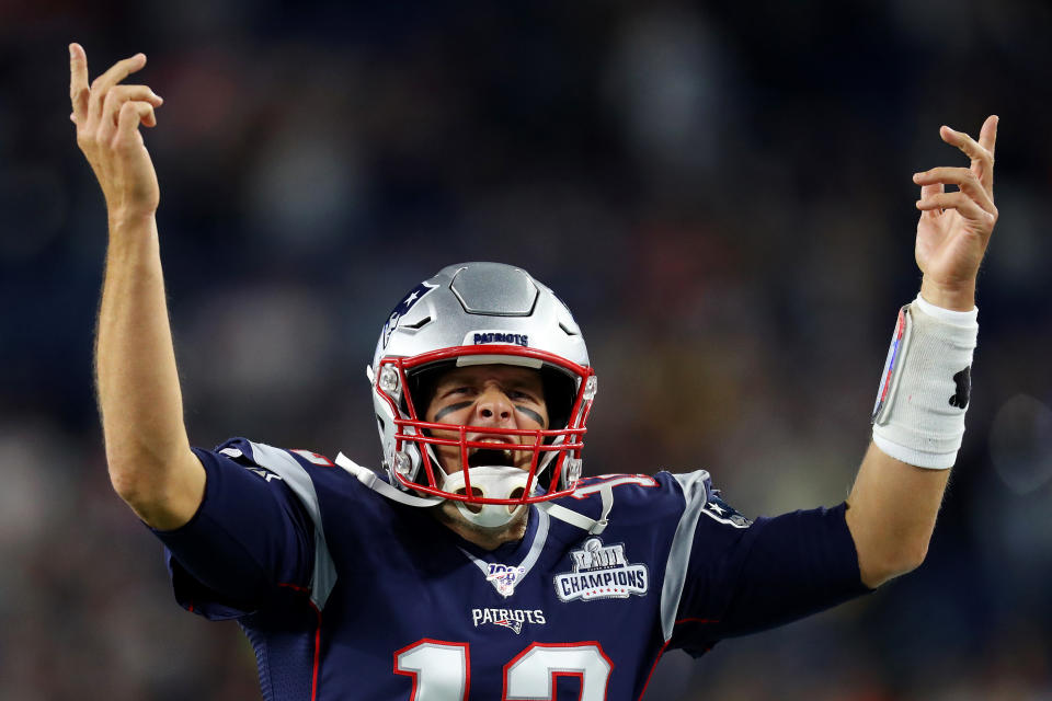 FOXBOROUGH, MASSACHUSETTS - SEPTEMBER 08: Tom Brady #12 of the New England Patriots gestures to the crowd during the game between the New England Patriots and the Pittsburgh Steelers at Gillette Stadium on September 08, 2019 in Foxborough, Massachusetts. (Photo by Maddie Meyer/Getty Images)