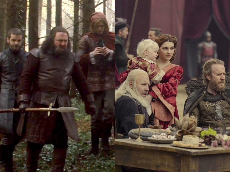 A side by side image of King Robert Baratheon (Mark Addy) and King Viserys Targaryen (Paddy Considine) in "Game of Thrones" and "House of the Dragon."