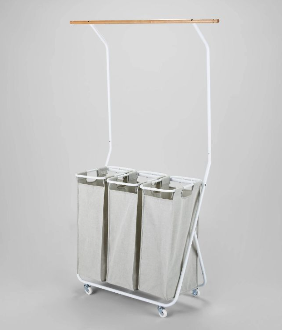 Rolling Triple Laundry Sorter with Hangbar 