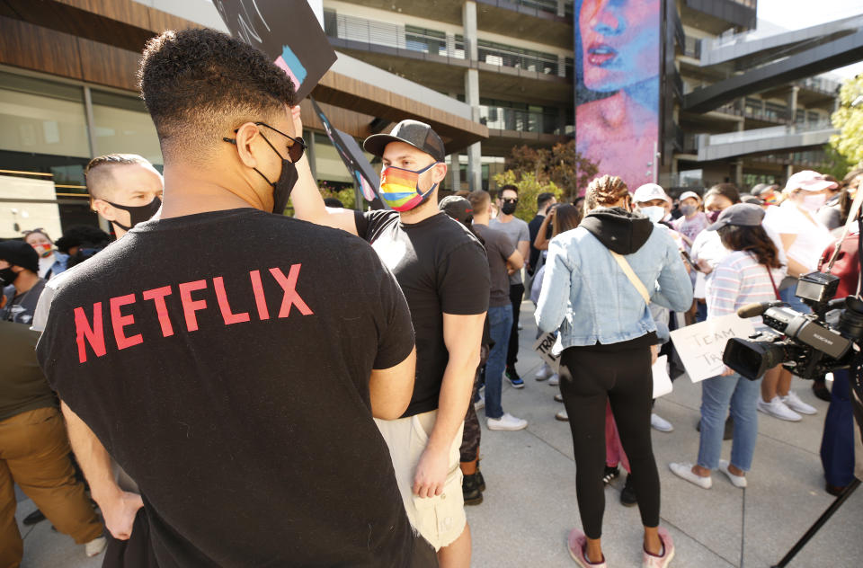 LOS ANGELES, CA - OCTOBER 20: Netflix employees, activists, public figures and supporters gathered outside a Netflix location at 1341 Vine St in Hollywood Wednesday morning in support as members of the Netflix employee resource group Trans*, coworkers and other allies staged a walkout to protest Netflix&#39;s decision to release Dave Chappelle&#39;s latest Netflix special, which contains a litany of transphobic material. Hollywood on Wednesday, Oct. 20, 2021 in Los Angeles, CA. (Al Seib / Los Angeles Times via Getty Images).