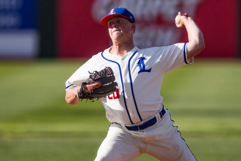 LCU's Ayden Adler (26) pitches against West Texas A&M in game one of their baseball series, Friday, May 5, 2023, at Hays Field.