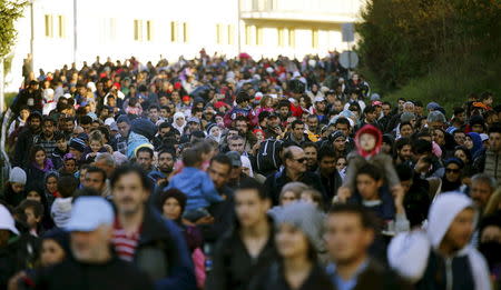 Migrants walk towards the Austrian border after resting in a makeshift camp in the village of Sentilj, Slovenia, October 24, 2015. REUTERS/Leonhard Foegerâ€¨