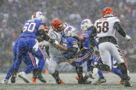 Buffalo Bills quarterback Josh Allen (17) is sacked by the Cincinnati Bengals during the second quarter of an NFL division round football game, Sunday, Jan. 22, 2023, in Orchard Park, N.Y. (AP Photo/Joshua Bessex)