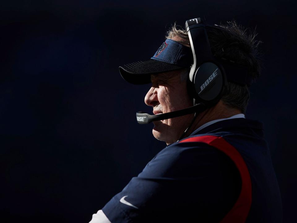 Bill Belichick watches from the sidelines against the Carolina Panthers.