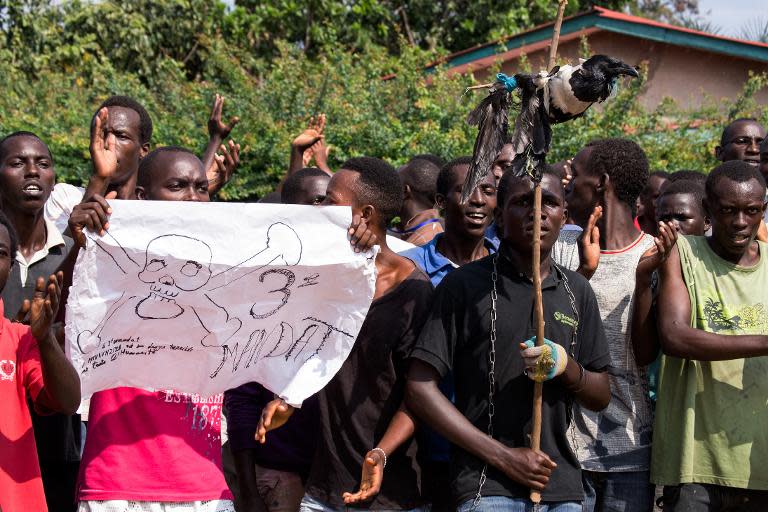 Protesters opposed to Burundian President Pierre Nkurunziza seeking a third term demonstrate in Musaga, a neighborhood of Bujumbura, on May 29, 2015