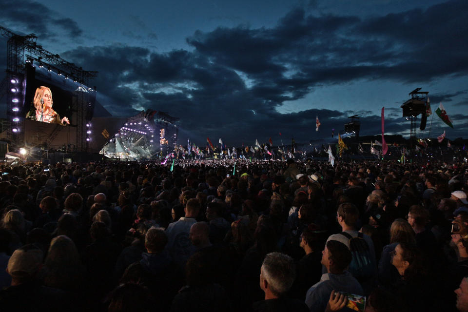 Adele closing heading on the Pyramid stage on Day 2 of the 2016 Glastonbury Festival on Worthy Farm in Somerset