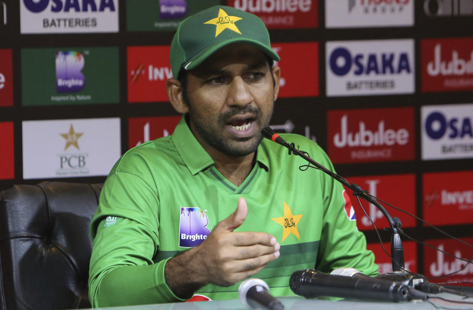 Pakistani captain Sarfaraz Ahmed speaks to reporters ahead of Twenty20 matches against Sri Lanka in Lahore, Pakistan, Friday, Oct. 4, 2019. Ahmed is wary of Sri Lanka's inexperienced Twenty20 side when the two countries meet in the three-match series, which starts Saturday. (AP Photo/K.M. Chaudary)