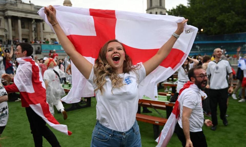 An England fan celebrates Luke Shaw’s early goal in the final against Italy.