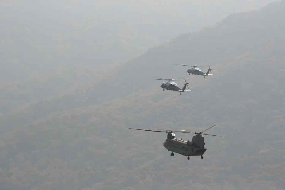 President Donald Trump departs Seoul in Marine One while en-route to Osan Air Base, South Korea.