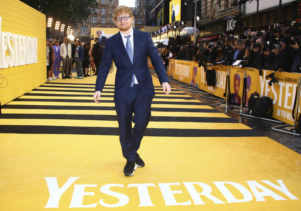 FILE- Singer Ed Sheeran arrives at the premiere of "Yesterday" on June 18, 2019, in London. Sheeran turns 31 on Feb. 17. (Photo by Joel C Ryan/Invision/AP, File)
