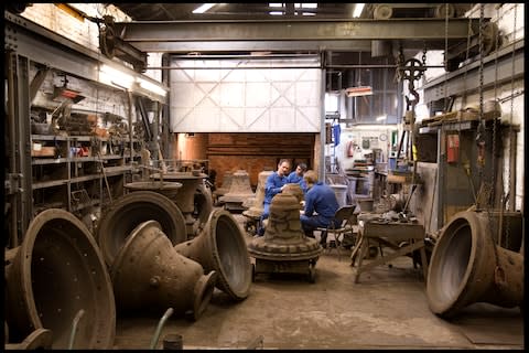 Moulders finishing the cores ready for casting, Jubilee memorial bells made at Whitechapel Bell Foundry - Credit: Telegraph