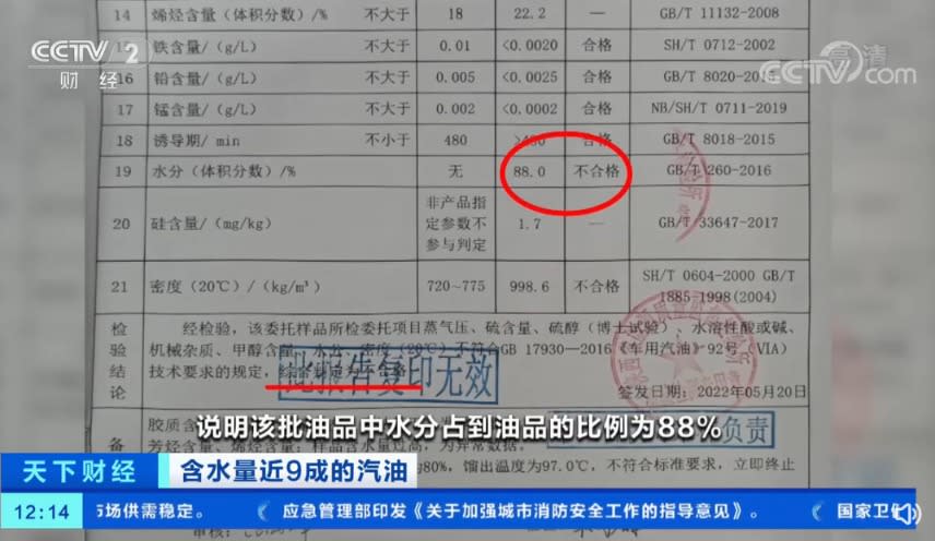 該油品中水分占到油品的比例為88 %。 圖：翻攝自天下財經