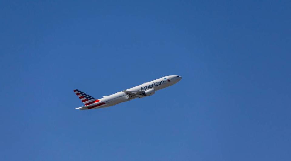 An American Airlines flight is seen departing from Miami International Airport on Monday, May 1, 2023, in Miami, Florida. Following four years of negotiations, the Allied Pilots Association agreed upon a strike authorization Tuesday on behalf of American Airlines pilots.