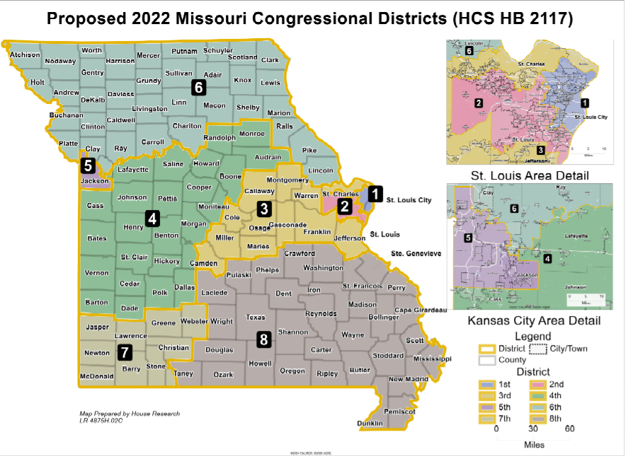 The redrawn congressional map approved by the Missouri House. It retains the current partisan alignment of Missouri's delegation, with six Republican-favored districts and two Democrat-favored districts.