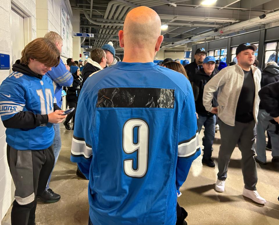 Ed Lis, 53, of Clarkston, covered his Matthew Stafford Lions’ jersey with duct tape for the Lions game on Sunday, Jan. 14, 2024. Lis said he plans to boo the former Lions’ quarterback who now plays for the Los Angeles Rams.