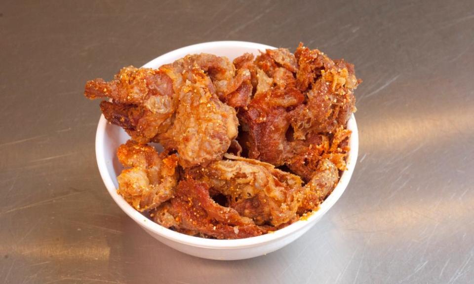 ‘Warm and curled in on each other and an irresistible salty-sour’: chicken skins.