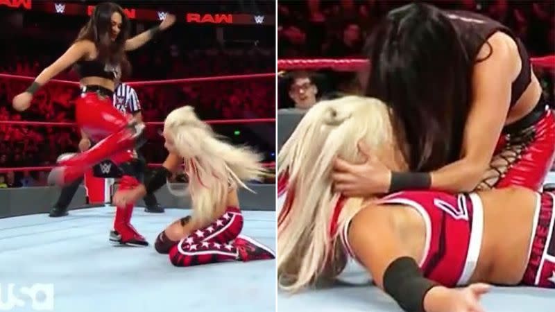 Bella kicked Morgan straight in the face. Image: WWE