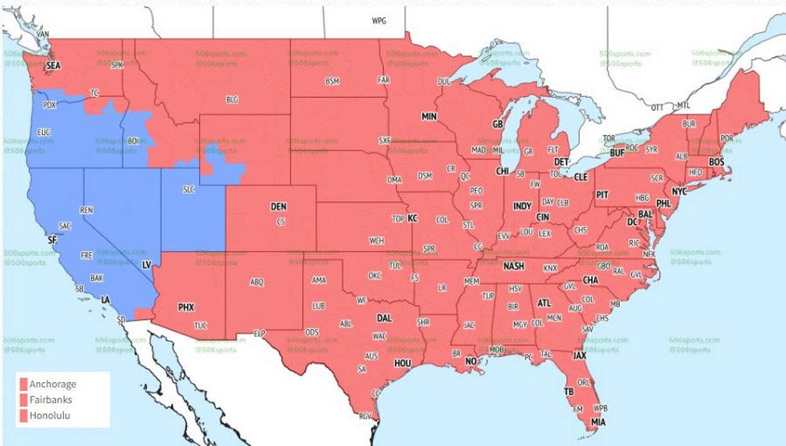 Red is the Chiefs-Cardinals coverage and blue is the Chargers-Raiders game.