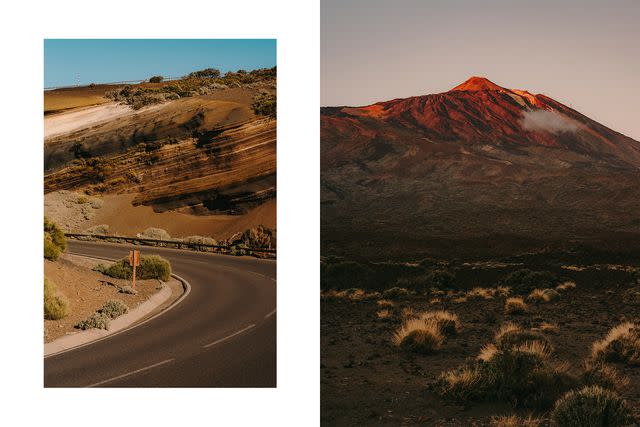 <p>Salva López</p> From left: A road winds through Tenerife's Teide National Park; Pico de Teide rises from the center of Tenerife.