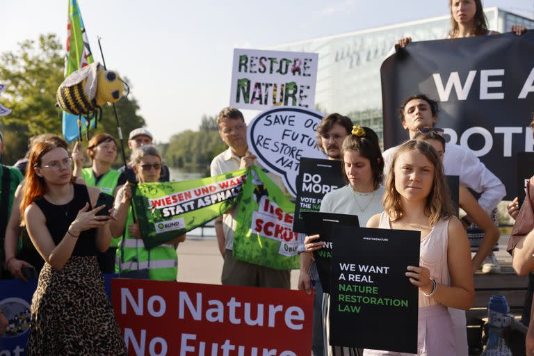 La activista climática sueca Greta Thunberg, a la derecha, asiste con otros  activistas a una manifestación ante el Parlamento Europeo, el 11 de julio de 2023 en Estrasburgo, Francia