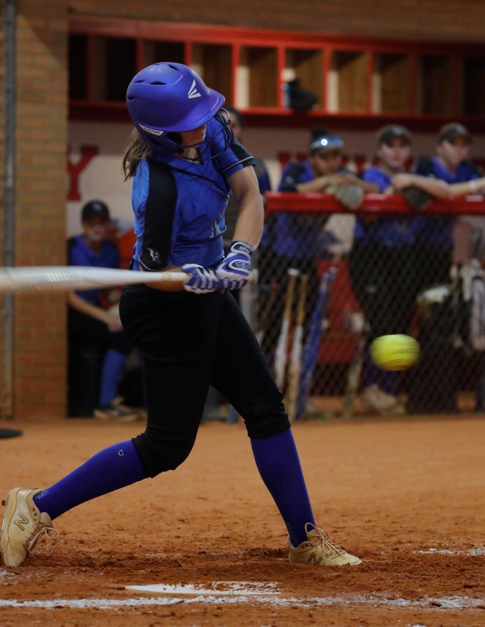 Ida Baker's Alyssa Auger gets ready to hit as Ida Baker visited North Fort Myers Tuesday, Feb. 28, 2023. North Fort Myers defeated Ida Baker with a final score of 14-4.