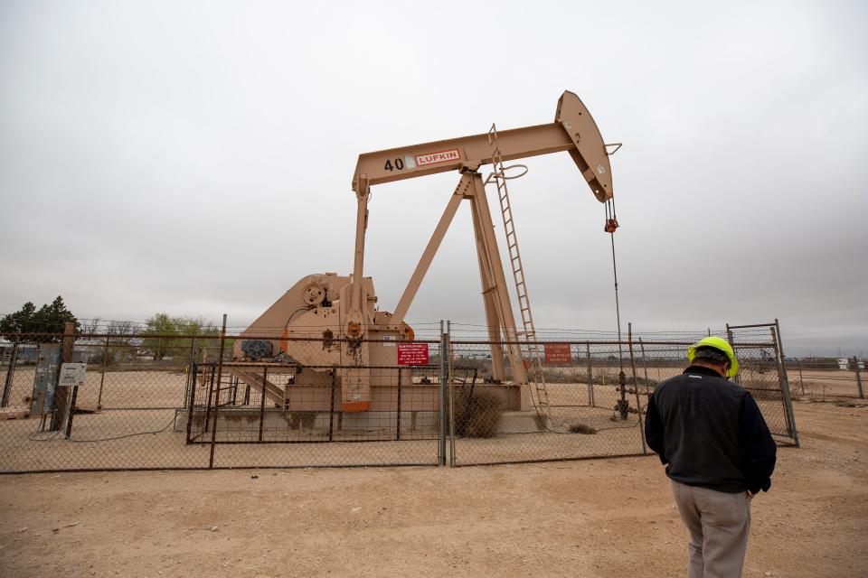 In Lea County, New Mexico, a pumpjack bobs in March 2024.