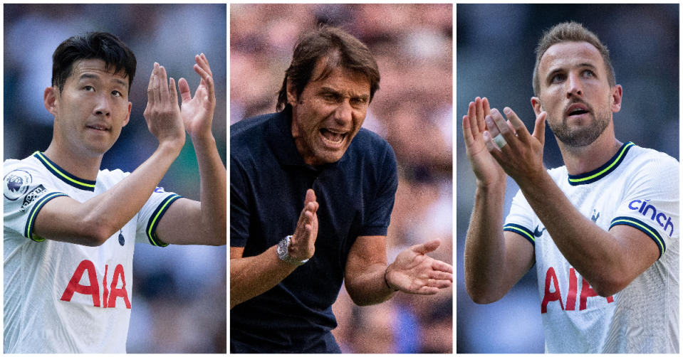 Tottenham's key personnel (from left) Son Heung-min, manager Antonio Conte and Harry Kane. (PHOTOS: Getty Images)