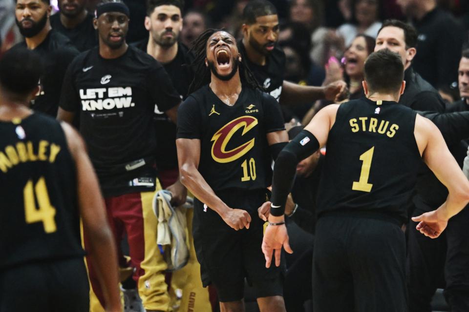 Cavaliers guard Darius Garland (10) reacts after a basket during the first quarter against the Magic in Game 5 of a first-round NBA playoff series, April 30, 2024, in Cleveland.