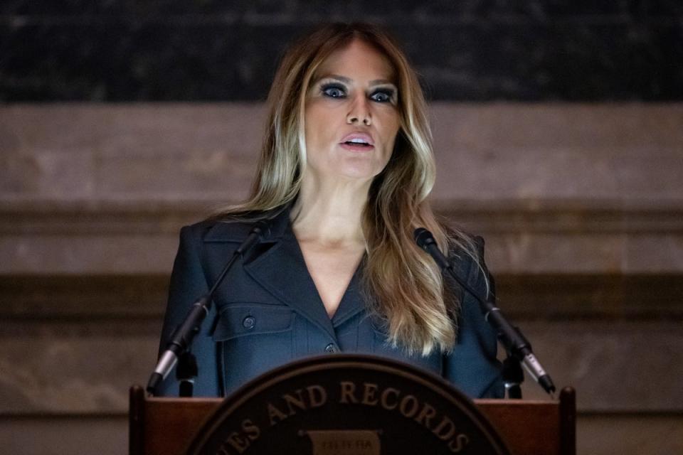 Melania Trump speaks at a naturalisation ceremony at the National Archives in Washington DC on 15 December. (AFP via Getty Images)