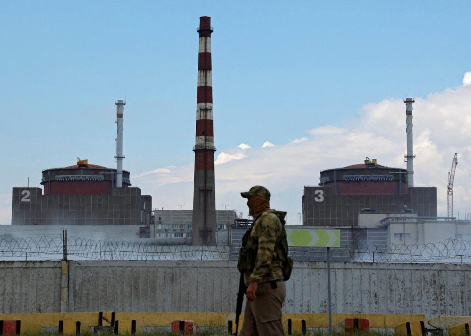 A Russian serviceman stands guard near the Zaporizhzhia nuclear power plant near the city of Enerhodar (Reuters)