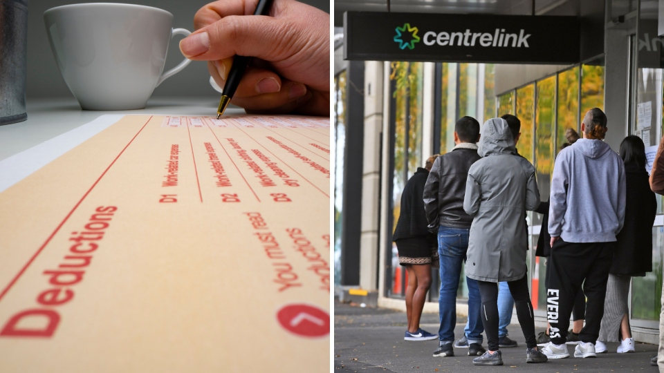 A person filing out a tax return and people standing outside a Centrelink office.