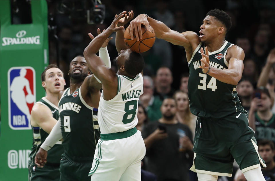 Giannis Antetokounmpo封蓋Kemba Walker。（David Butler II-USA TODAY Sports）