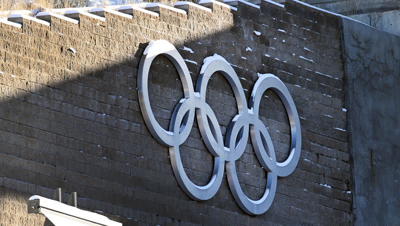 The Olympic rings on a wall at the Utah Olympic Park in Park City on Nov. 27, 2023.