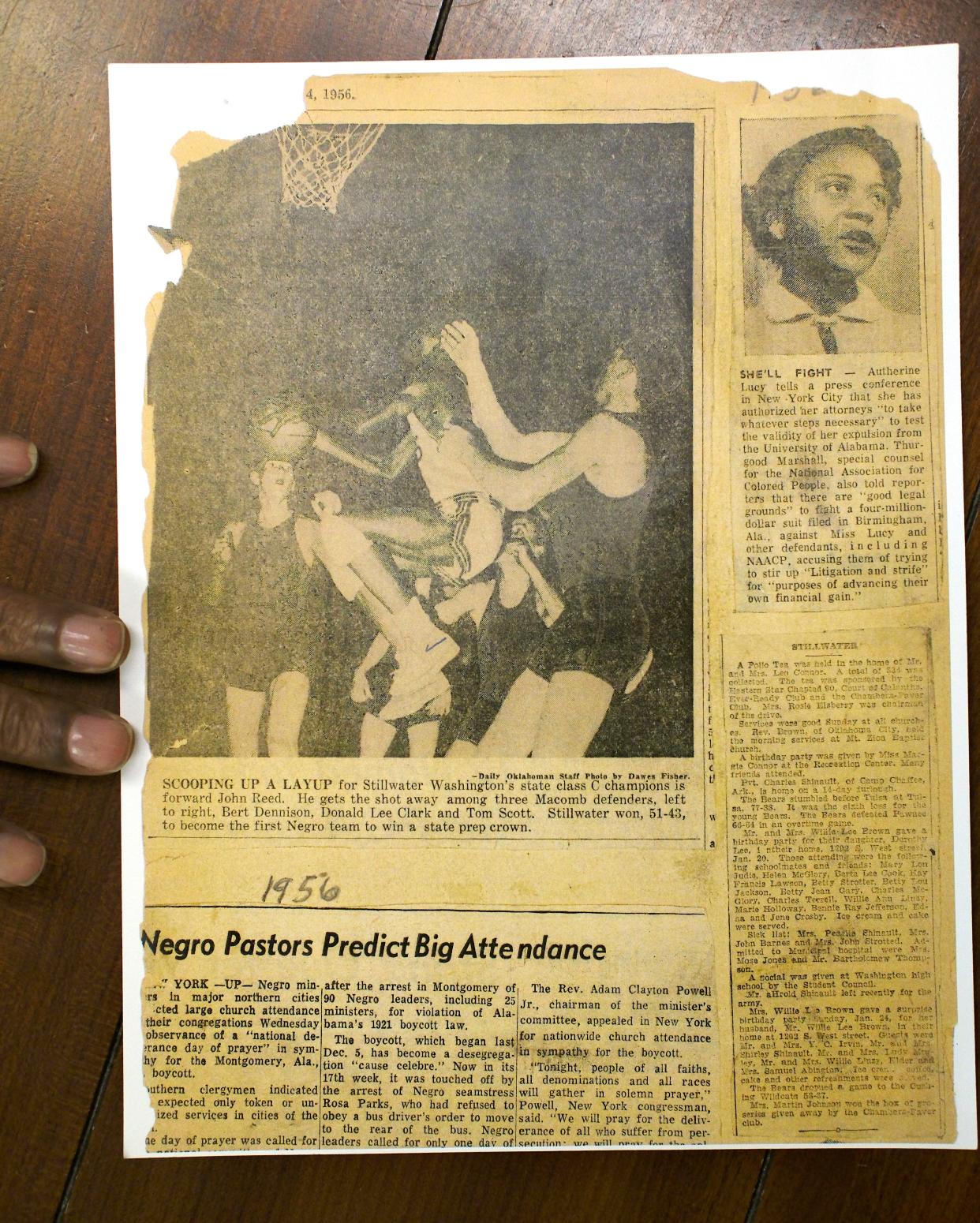 This image shows an action photo from Stillwater Booker T. Washington's 1956 championship game published in The Daily Oklahoman showing the Rev. John A. Reed going for a layup.